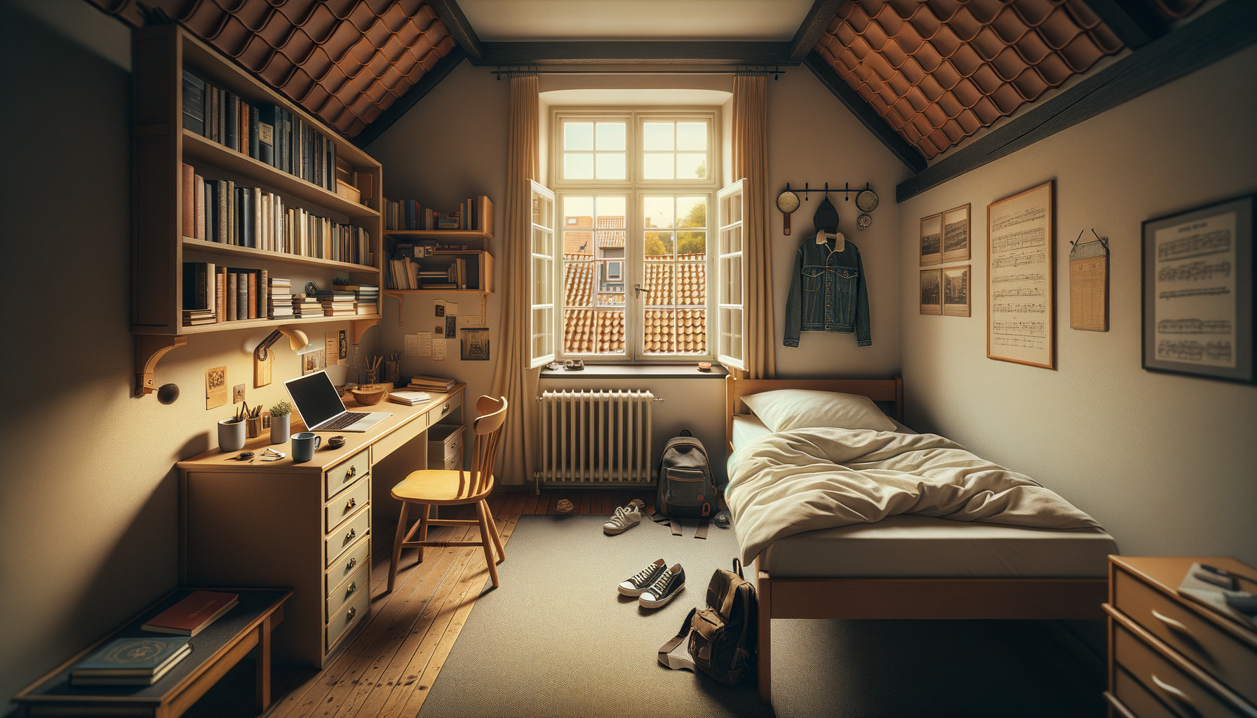 Cozy student apartment room with desk laptop and bookshelf
