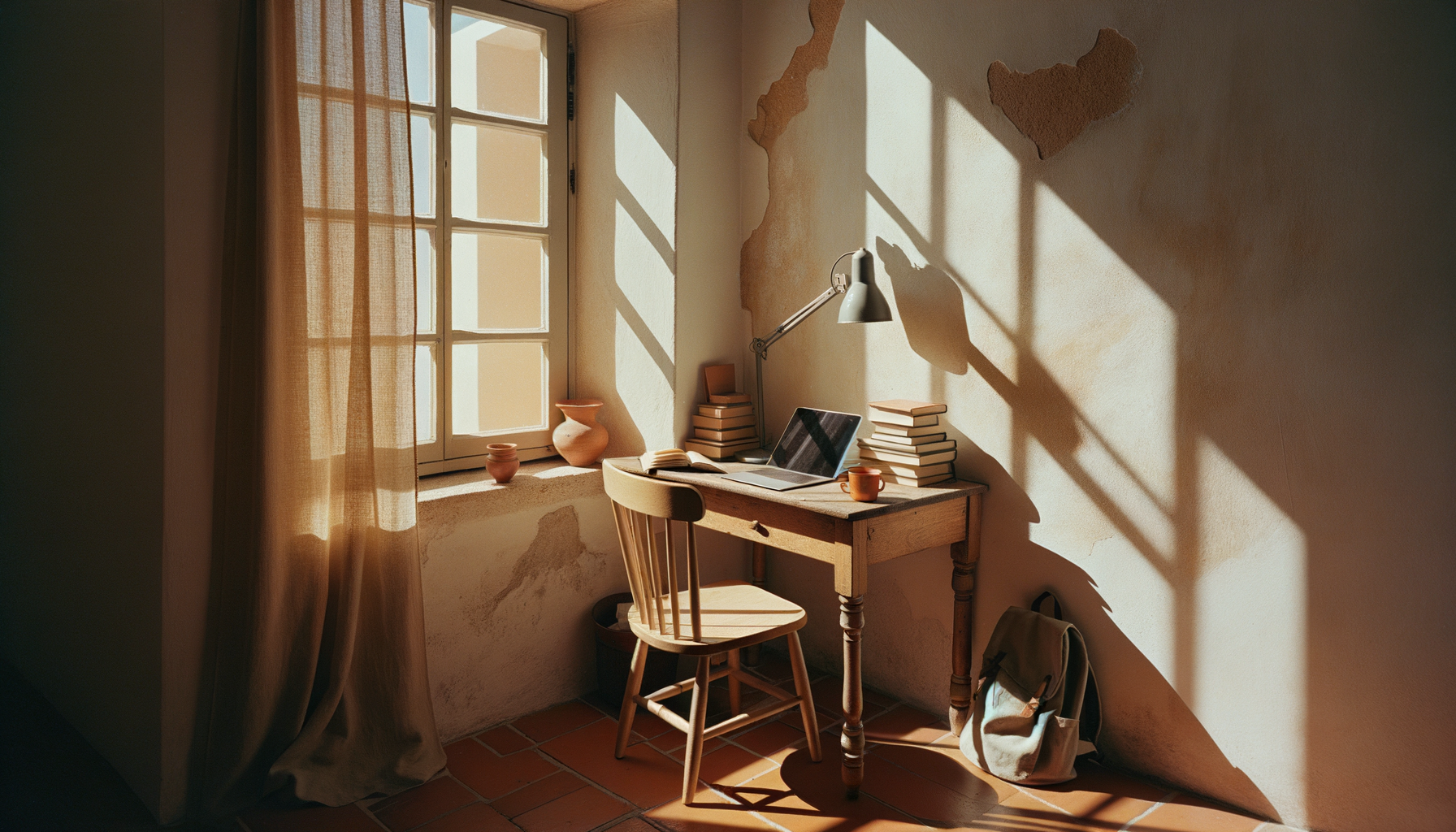 Student desk in a Portuguese apartment with laptop and morning light