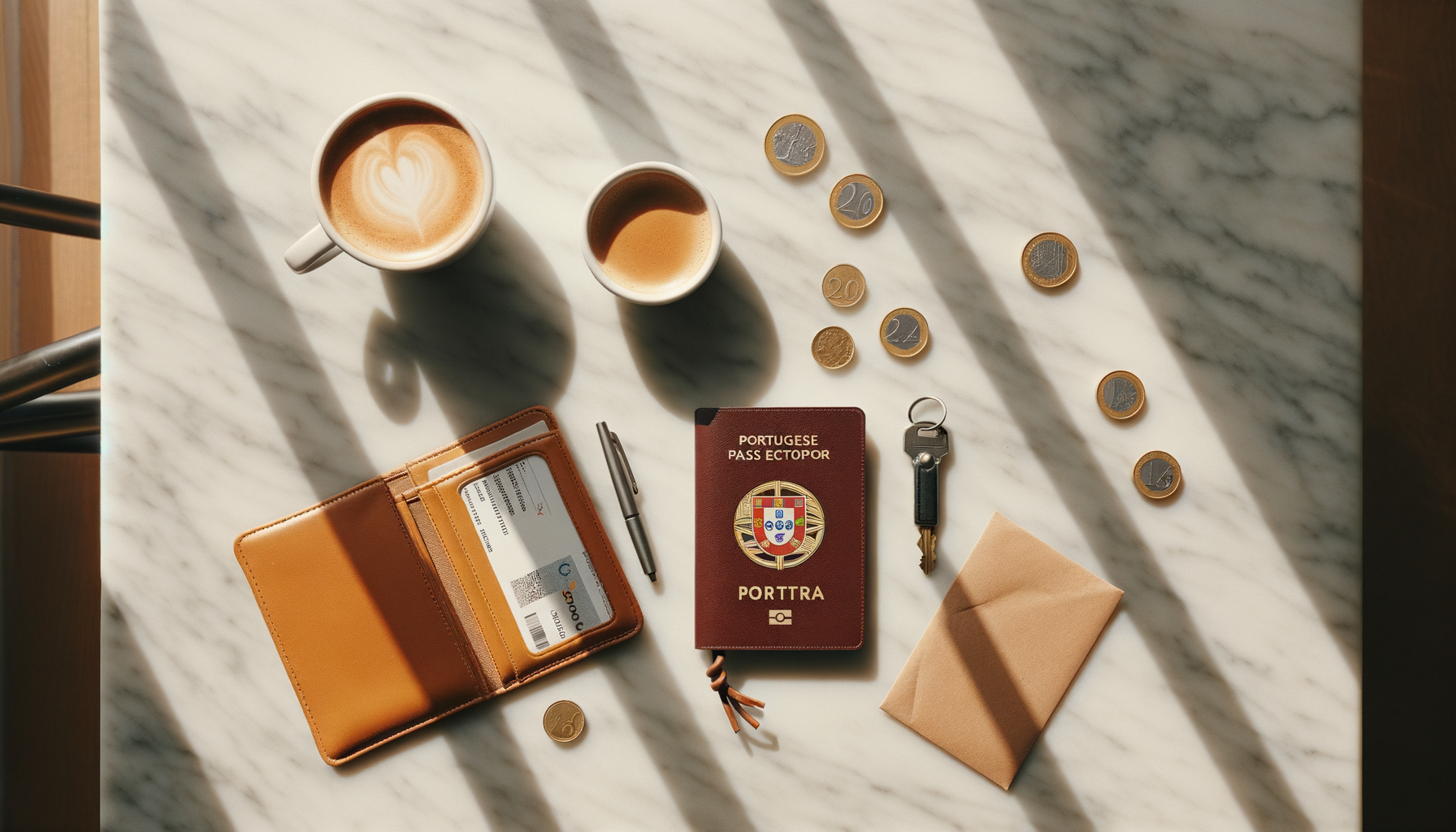 Documents and apartment key on a marble café table in Lisbon