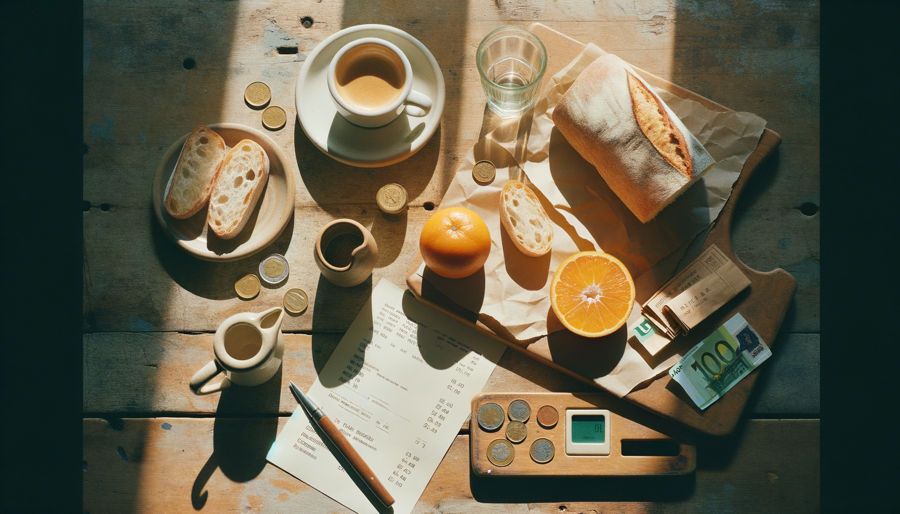 Café table with espresso, euro coins, bread, and orange