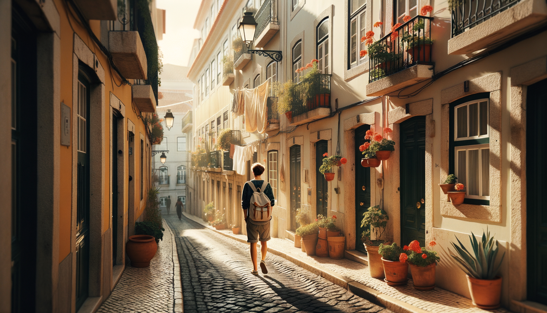 Sunlit Portuguese street with cream facades and a person walking with a backpack