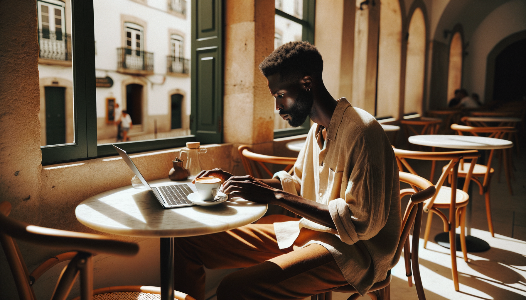 Person at a café table with laptop and espresso in warm natural light