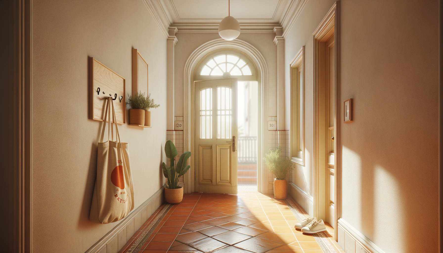 Bright apartment hallway with white plaster walls and terracotta floor