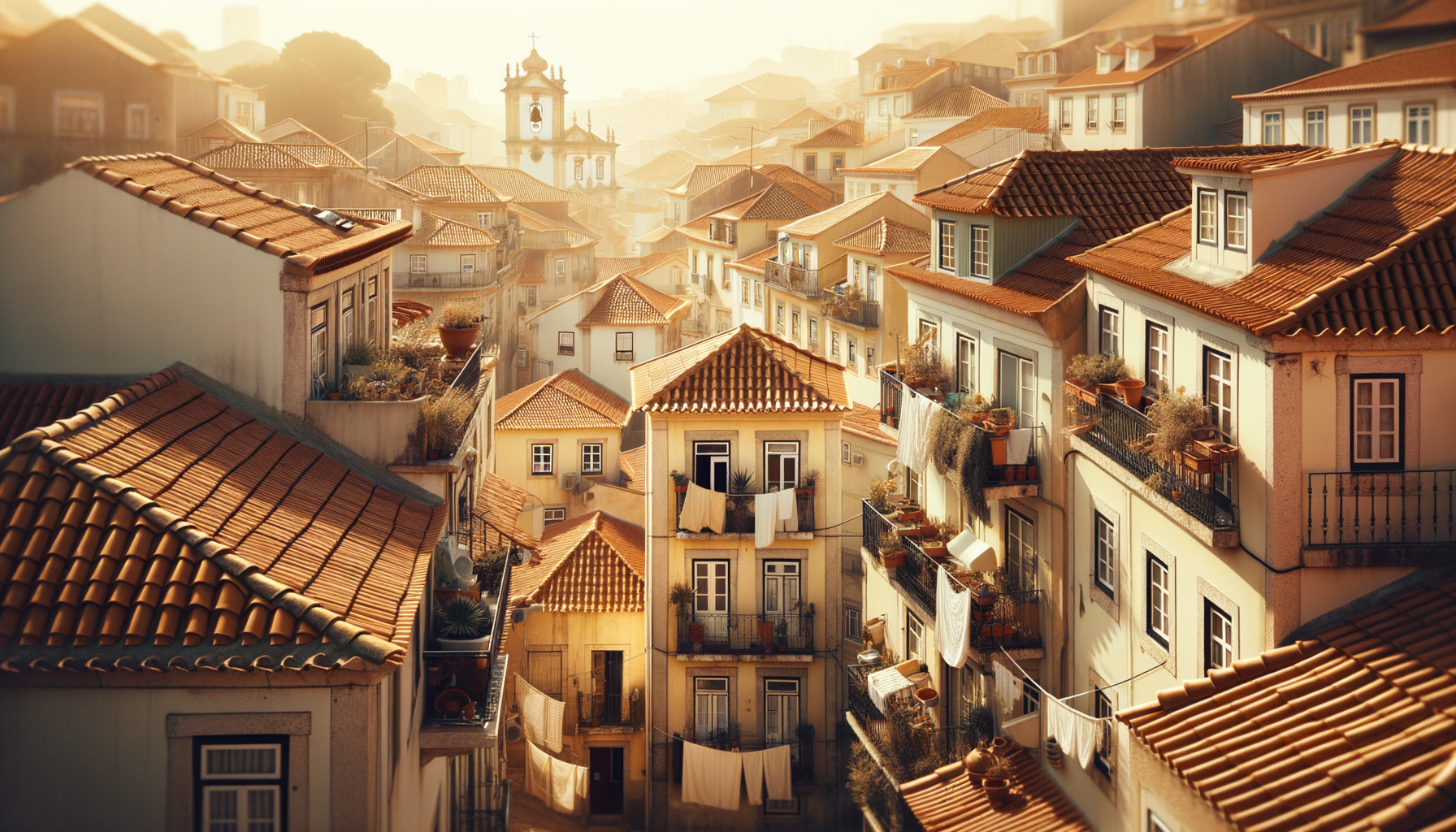 Overhead view of Portuguese neighborhood with terracotta rooftops