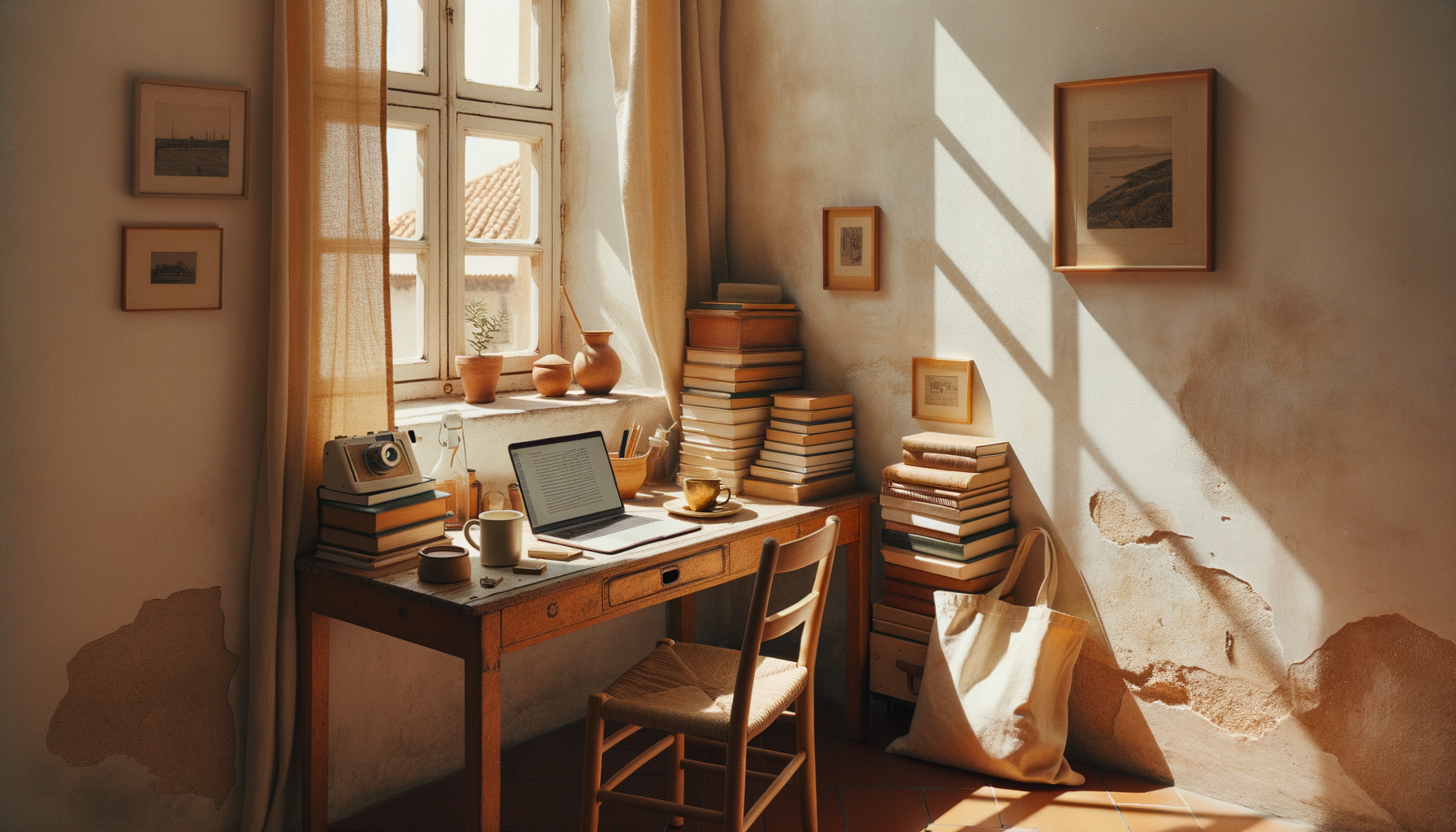 Student desk in a Portuguese apartment with laptop, coffee, and terracotta tile floor