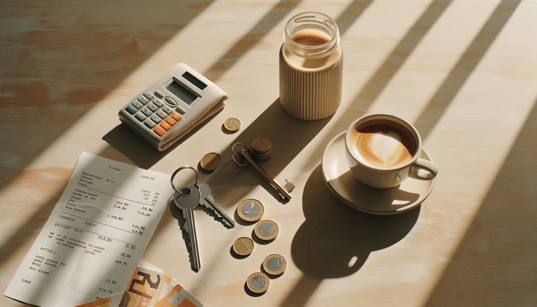 Flat lay with apartment keys, espresso cup, euro coins, and receipt on wooden table