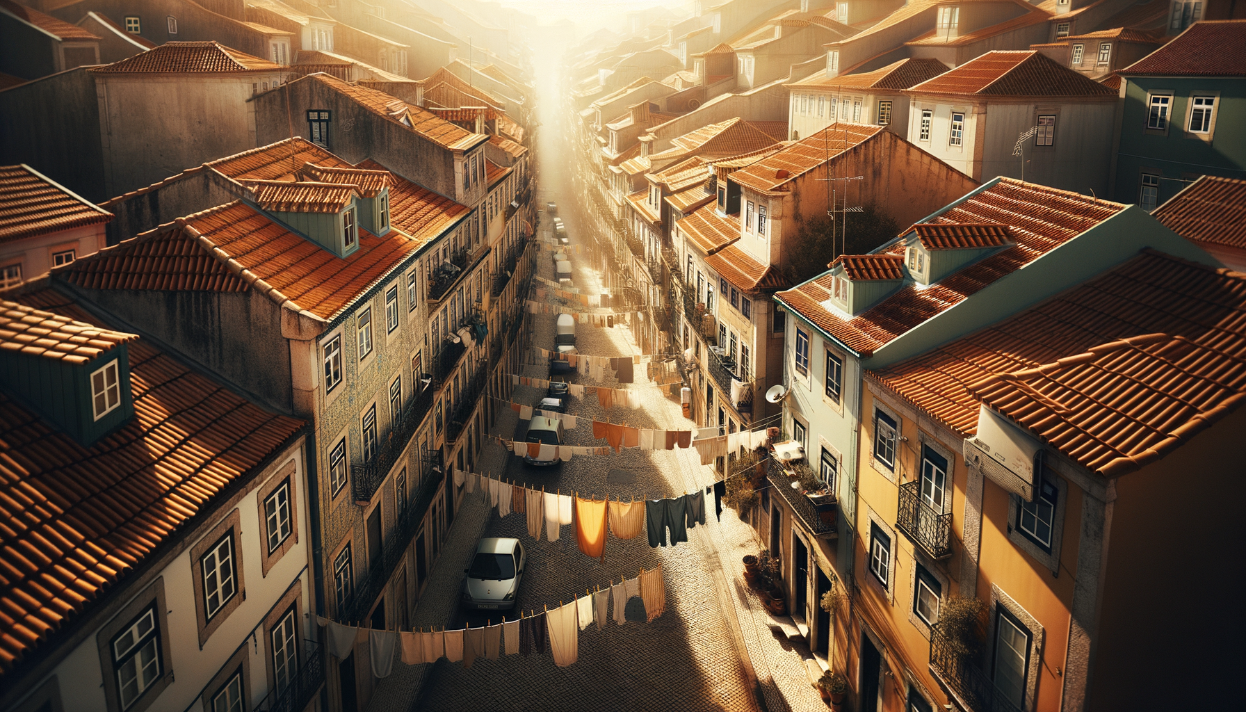 Image: overhead view of a Portuguese neighborhood with terracotta rooftops