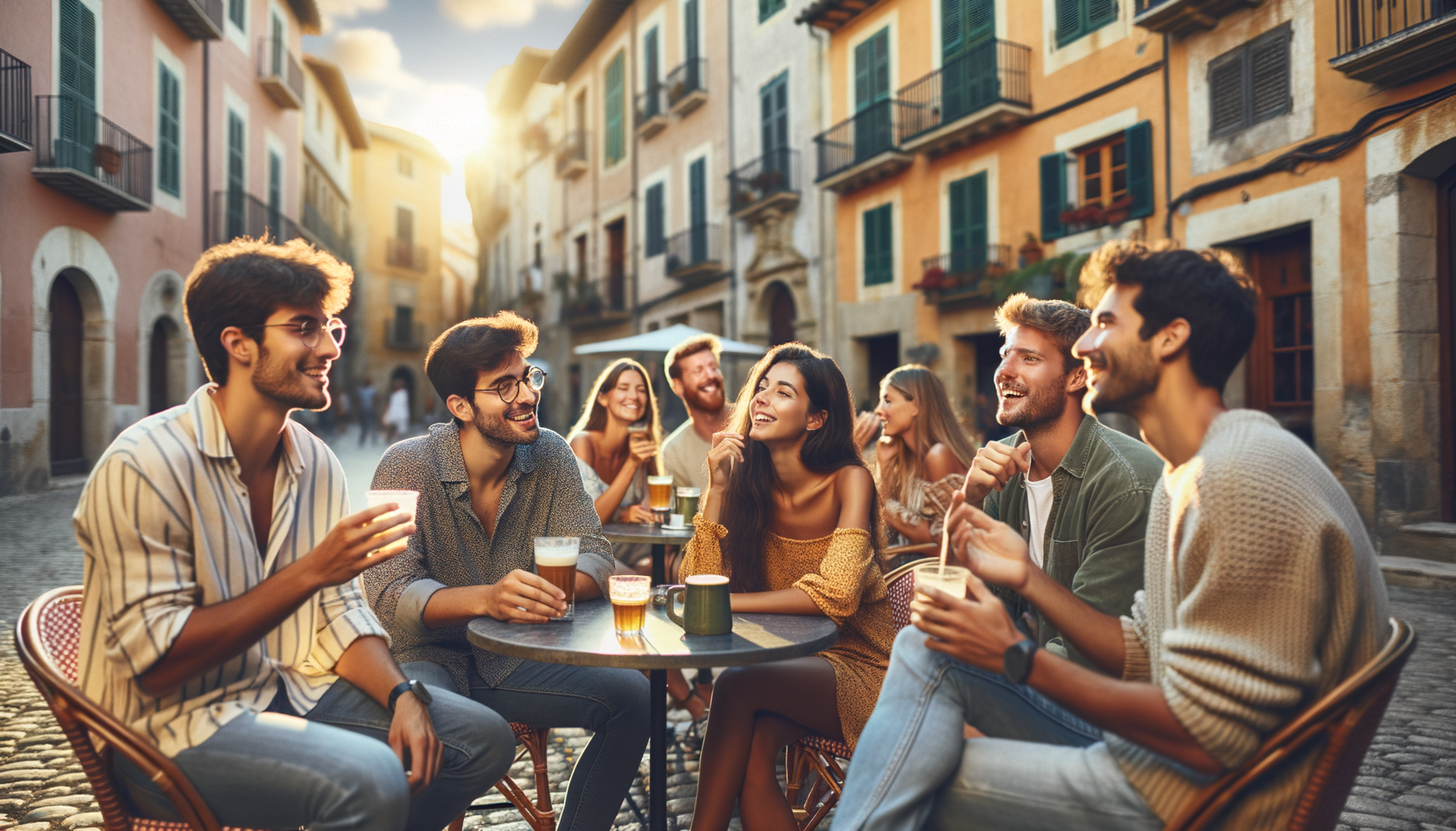 Students socializing at an outdoor cafe terrace in Portugal