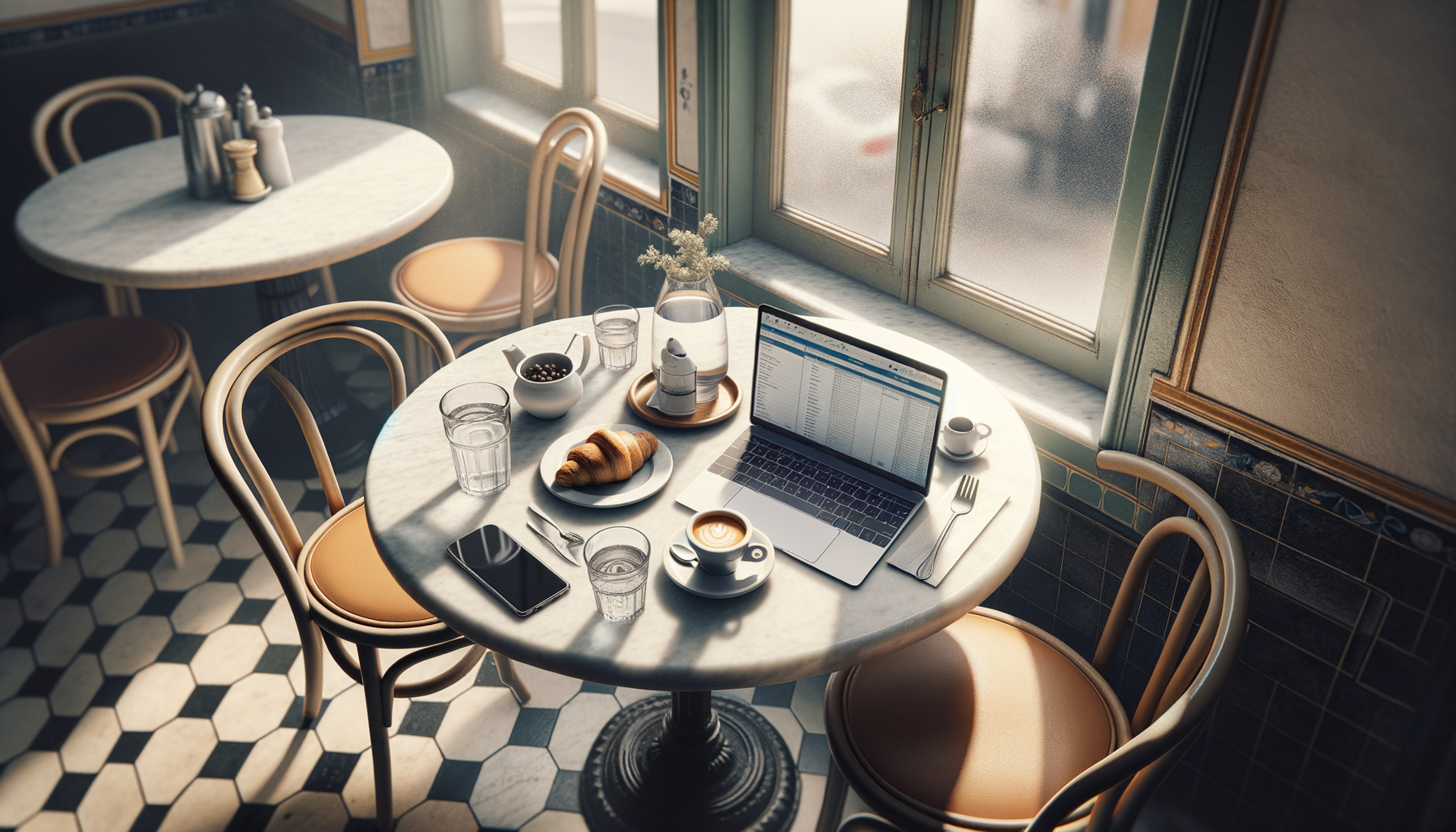 Student working at laptop in Portuguese cafe with espresso