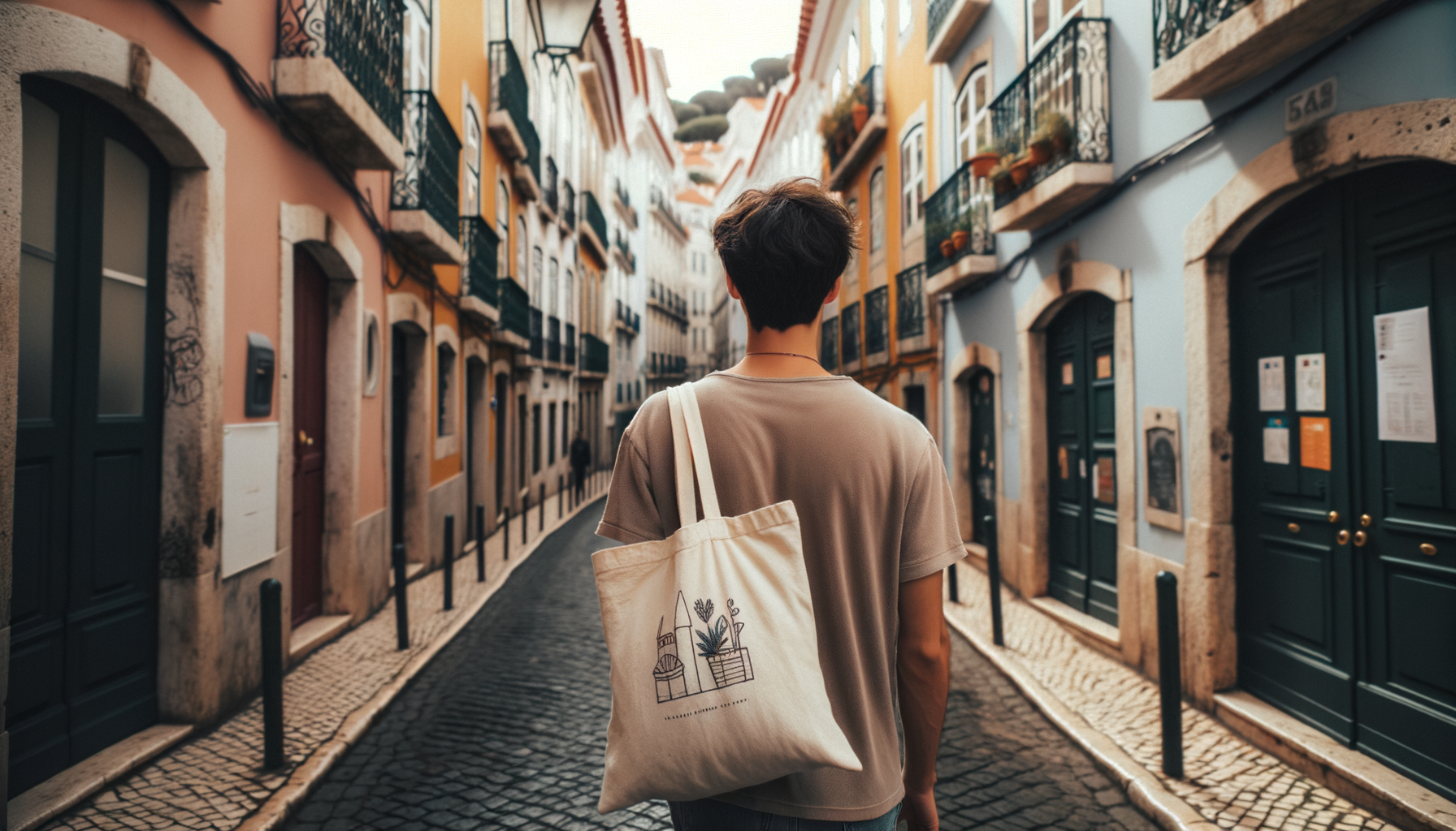International student walking through a cobblestone street in Portugal